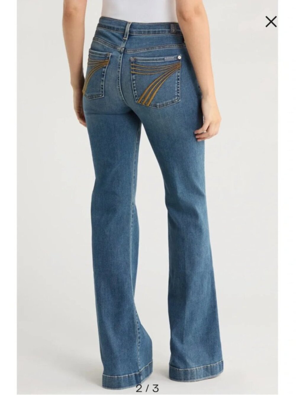 NWOT 7 For All Mankind Dojo Mid Rise Flare Jeans Felicity Wash Gold Stitching 29